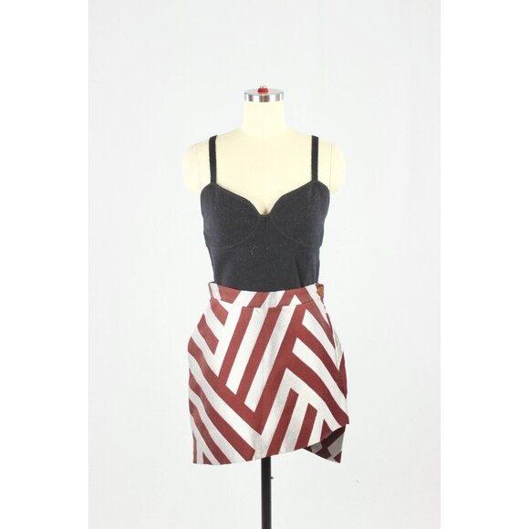 VIVIENNE WESTWOOD Maroon Silver Striped Jacquard Asymmetrical Mini Skirt, Size 6 - Picture 1 of 16